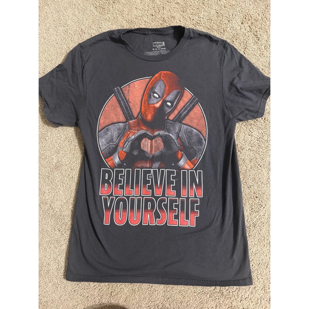 Marvel Deadpool Believe In Yourself Graphic T-Shirt Mens Medium Charcoal Gray